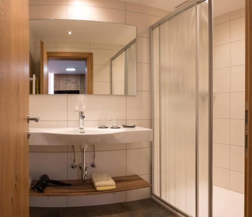 een badkamer met een wastafel en een douche bij Sonnenhang Montafon in Sankt Gallenkirch