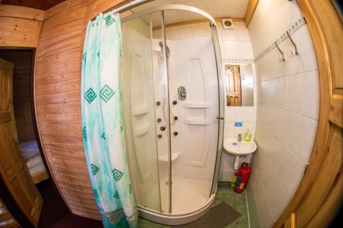 a bathroom with a shower and a sink at Chata Severák in Janov nad Nisou