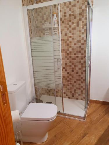 a bathroom with a toilet and a glass shower at V.V JUANA in Valverde