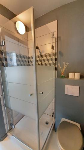 a bathroom with a glass shower with a toilet at Les Appartements du 104 in Saint-Jean-de-Monts