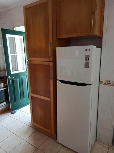 a kitchen with a white refrigerator and a green door at Alojamento Fernandes in Horta