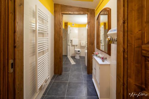 a bathroom with a toilet and a sink and a mirror at Da Castruccio degli Antelminelli in Coreglia Antelminelli