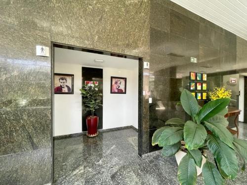 a hallway with a mirror and plants in a building at Hotel InterAmericana in Americana