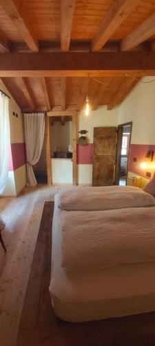um quarto grande com 2 camas e um tecto de madeira em CASA LUDIZZO em Bovegno