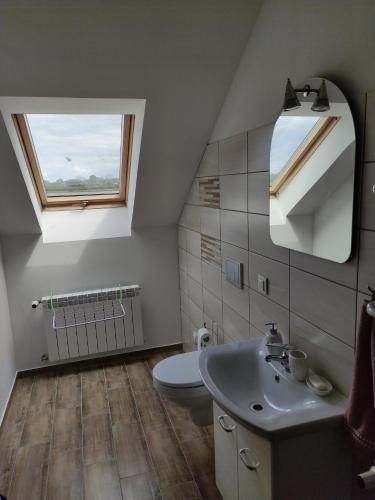 ein Bad mit einem Waschbecken, einem WC und einem Fenster in der Unterkunft Nad Jeziorem Kochle in Pszczew