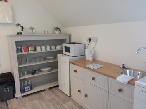 a kitchen with a counter and a microwave on a shelf at Greenway Guesthouse in Mullingar