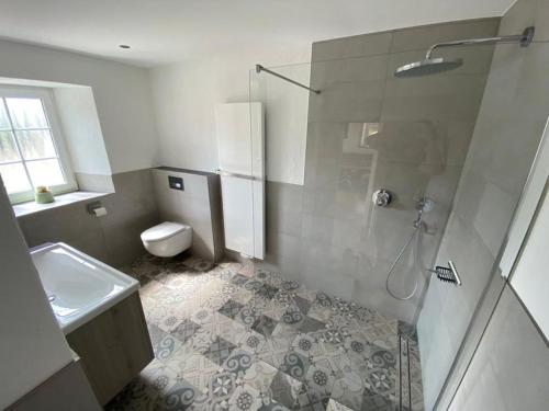 uma casa de banho com um chuveiro, um WC e um lavatório. em Am Osterberg em Büdesheim
