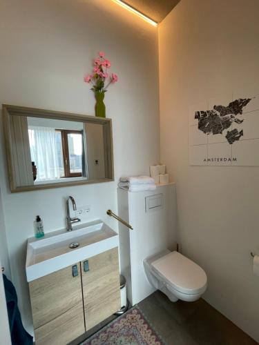 uma pequena casa de banho com WC e lavatório em Bed & Beach Amsterdam em Amsterdã