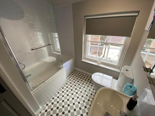 a bathroom with a shower and a toilet and a sink at Apartment @ Booth Hall in Hereford