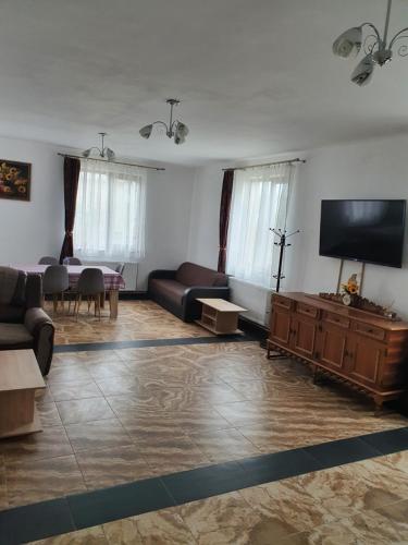 a living room with a couch and a flat screen tv at Pensiunea Agroturistica ANCA&IOANA in Bălceşti