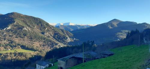 a green field with mountains in the background at Mirador del Navia in Serandinas