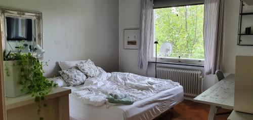 a bedroom with a bed and a window at Cityclose for five Malmö in Malmö