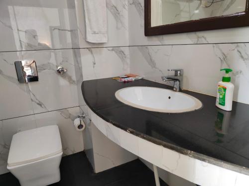a bathroom with a sink and a toilet at Hotel Guru Surbhi in Pāonta Sāhib