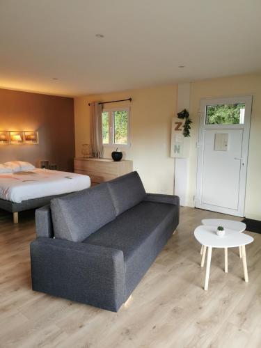a living room with a couch and a bed at Maison-Gîte "au bord de l'oust "avec jacuzzi in La Chapelle