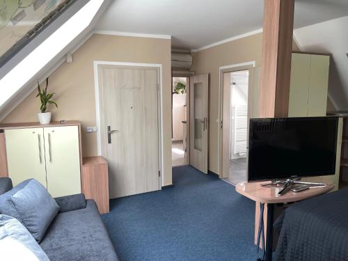 a living room with a couch and a tv at Ferienwohnung Geyer in Gräfenhainichen