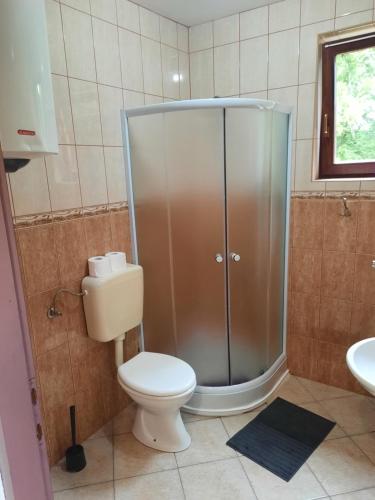 un bagno con doccia, wc e lavandino di Kuća za odmor Cordon a Vojnić