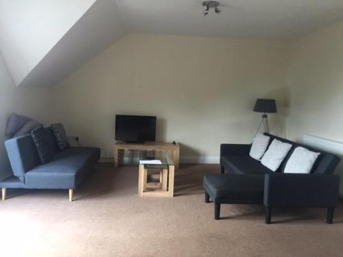 a living room with two blue couches and a tv at Sea View Apartments in South Shields
