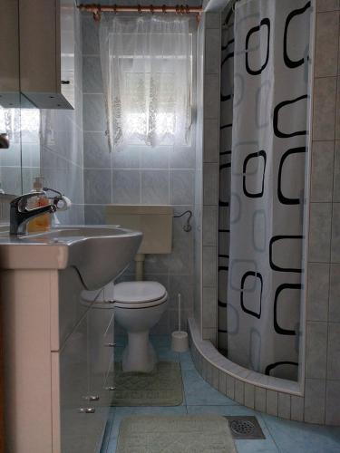La salle de bains est pourvue d'un lavabo, de toilettes et d'une douche. dans l'établissement Apartman Nardi, à Vir