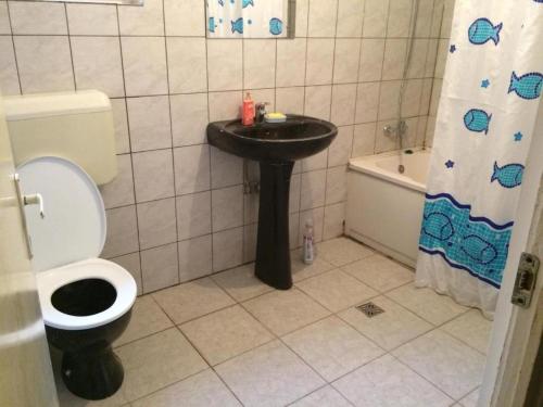 a bathroom with a toilet and a sink and a tub at Casa Adrian CAMERE CENTRU VECHI in Braşov