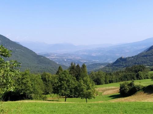a green field with trees and mountains in the background at Appartamenti Il Cerbiatto in Cavedago