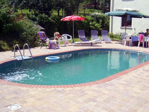 una piccola piscina con sedie e ombrelloni in un cortile di Große Ferienwohnungen 5 - 8 "Pumphut's Scheune" a Lengenfeld