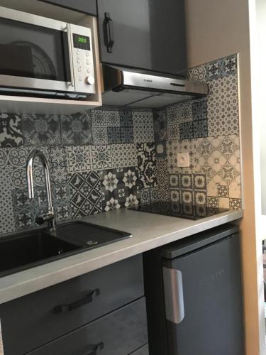 a kitchen with a sink and a microwave at Le Florence in Saint-Quentin