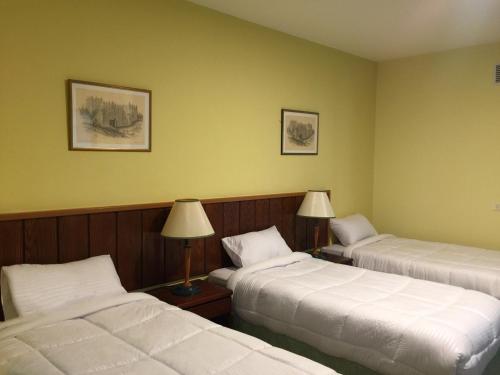 Habitación de hotel con 2 camas y 2 lámparas en Regency Hotel Hebron en Hebron