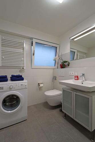 un bagno con lavatrice e lavandino di Adel FeWo am Herzzentrum a Bad Krozingen