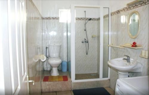ein Badezimmer mit Dusche, Toilette und Waschbecken in der Unterkunft Villa accueillante à Colonzelle avec piscine privée in Colonzelle
