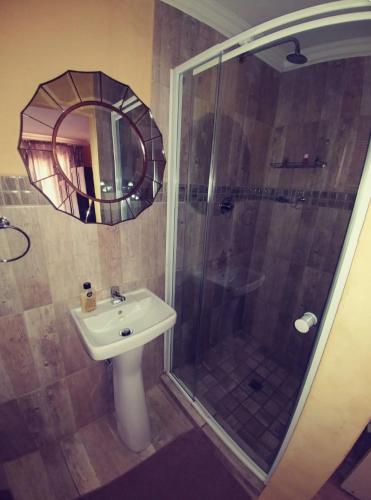 a bathroom with a shower and a sink and a mirror at The Loft Lynette's in Krugersdorp