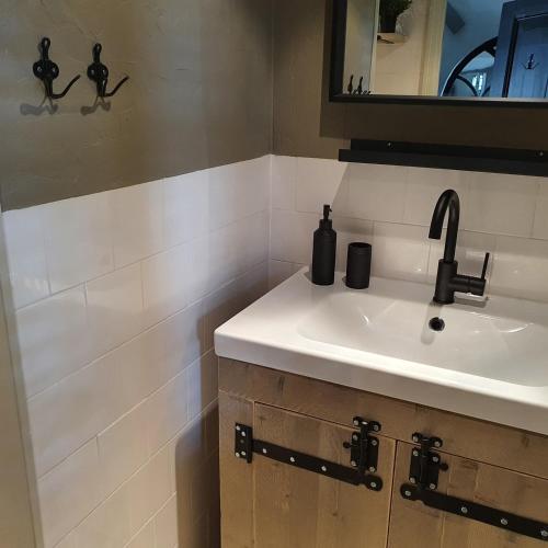 a bathroom with a sink and a mirror at Op Stolk bed & breakfast in Stolwijk