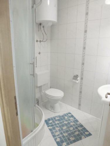 a small bathroom with a toilet and a shower at STUDIO APARTMENTS BaskaH2O in Baška Voda