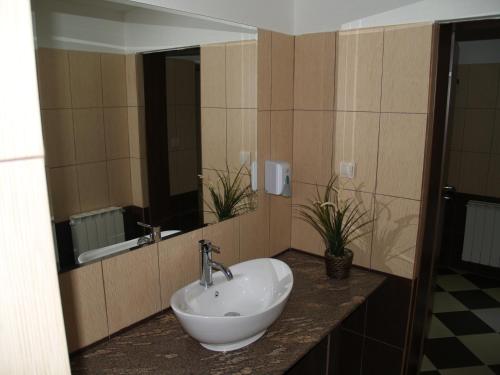 y baño con lavabo blanco y espejo. en Hotel Podkovata, en Etropole