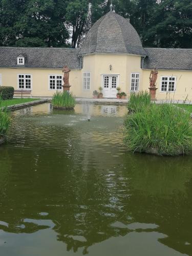 a building with a pond in front of a house at Ferienwohnung am Schloßpark in Bad Berleburg