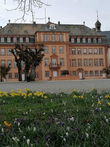 a large building with flowers in front of it at Ferienwohnung am Schloßpark in Bad Berleburg