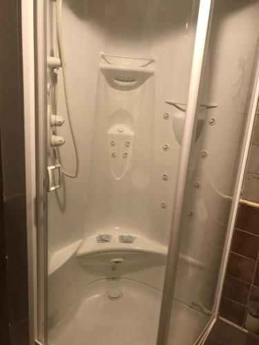 a shower stall with a toilet in a bathroom at La venta el Membrillo in Membrío
