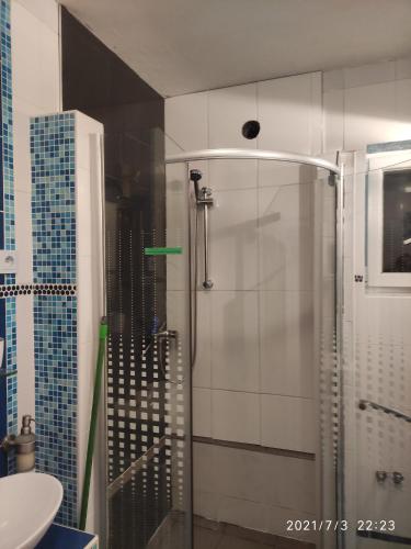 y baño con ducha de cristal y lavabo. en Rezidence Jiskra, en Brandýs nad Labem-Stará Boleslav