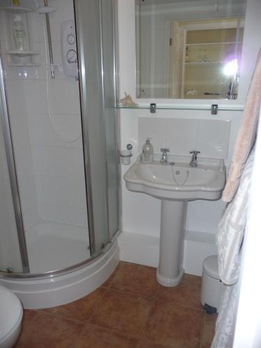 a bathroom with a sink and a shower at Salisbury Old Mill House in Salisbury