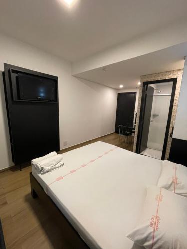 a bedroom with a large bed with a tv on the wall at Calandre Hotel in Sao Paulo