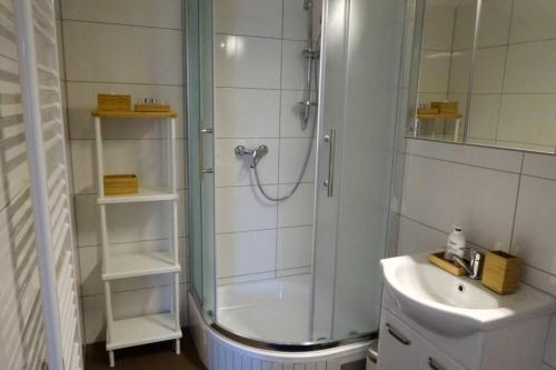 ein Bad mit einer Dusche und einem Waschbecken in der Unterkunft Studio-Apartment between Schoenbrunn & the City Center (28) in Wien