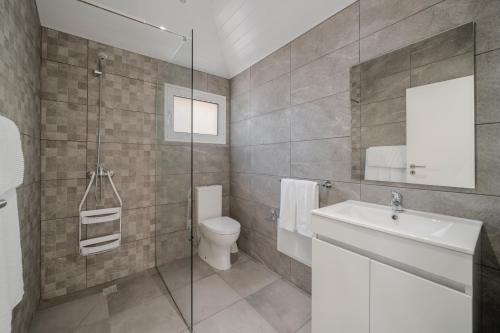 La salle de bains est pourvue de toilettes, d'un lavabo et d'une douche. dans l'établissement OurMadeira - SeaView Apartment, countryside, à Calheta