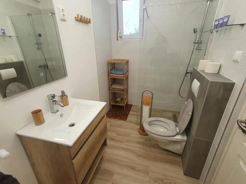 a bathroom with a toilet and a sink and a shower at VILLA NEAPOLiS in Pécs