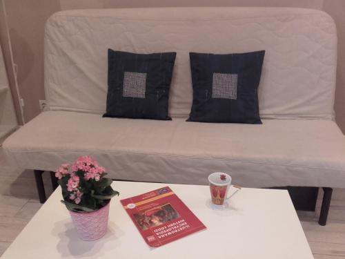 a bed with two pillows and a book on a table at Studio Pomorska in Łódź