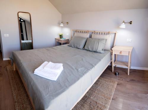 1 dormitorio con 1 cama grande con espejo y mesa en My Little Village, en Poiana Mărului