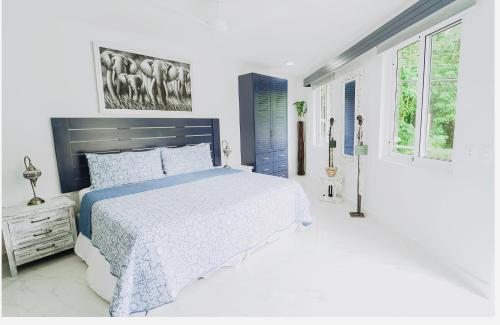 a bedroom with a blue and white bed and windows at Puerta Del Mar in Manuel Antonio