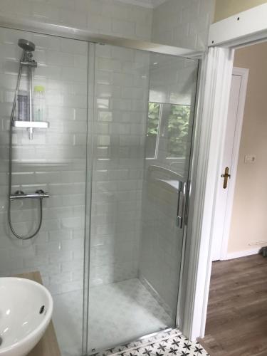 a glass shower in a bathroom with a sink at Casa Otilia - Rural - Camino de Santiago - Arzúa in Arzúa