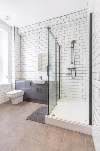 a bathroom with a shower and a toilet and a sink at Banc Apartment 1 in Porthmadog