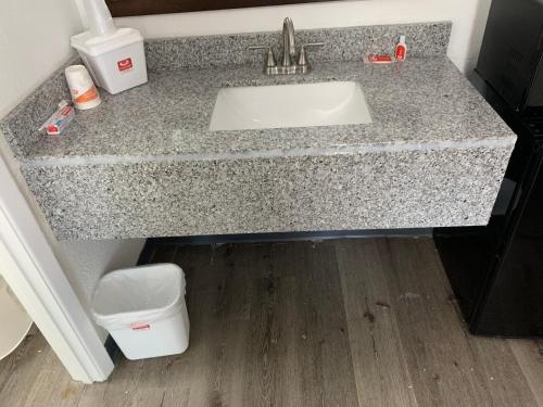 a bathroom counter with a sink and a toilet at Rodeway Inn Augusta North Washington Road in Augusta