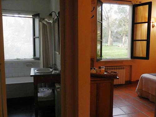 baño con lavabo y bañera y 2 ventanas en Casa de Campo Las Acacias en Tandil
