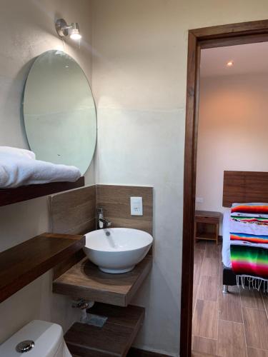 a bathroom with a sink and a mirror and a toilet at Casa Delfín Tulum in Macario Gomez